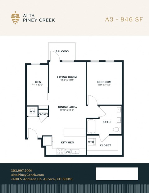 Floor plan for 1 bed, 1 bath, 946 sqft